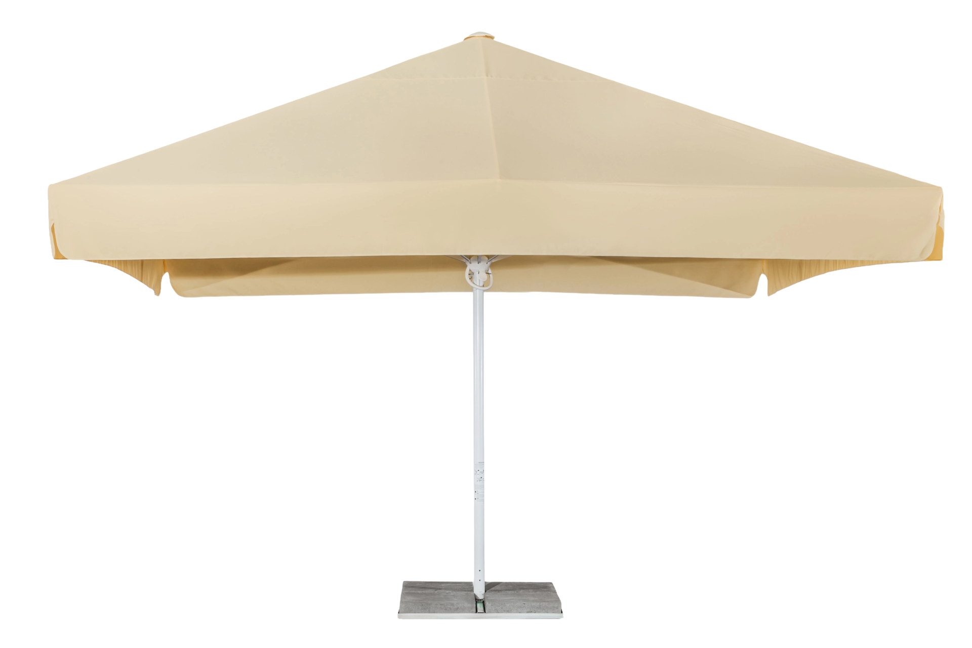 Beige outdoor patio umbrella opened above a metal pole and square base for shade on a deck.